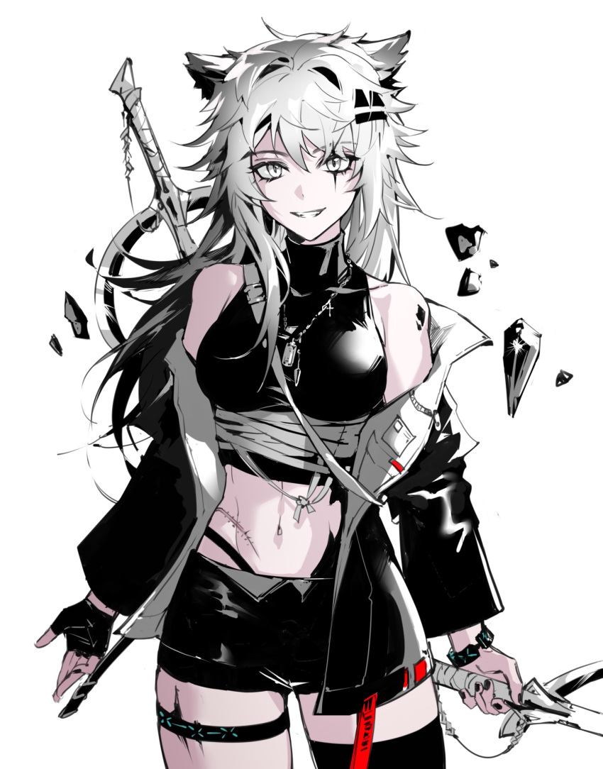 1girl :d alternate_costume animal_ears arknights bandages bare_shoulders black_gloves black_jacket black_legwear black_nails black_shorts bracelet breasts cowboy_shot crop_top fingerless_gloves gloves grey_eyes highres holding holding_sword holding_weapon infection_monitor_(arknights) jacket jewelry lappland_(arknights) long_hair long_sleeves looking_at_viewer medium_breasts minilang nail_polish navel necklace open_clothes open_jacket oripathy_lesion_(arknights) parted_lips scar short_shorts shorts single_glove single_thighhigh smile solo sword thigh-highs thigh_strap weapon weapon_on_back white_hair wolf_ears