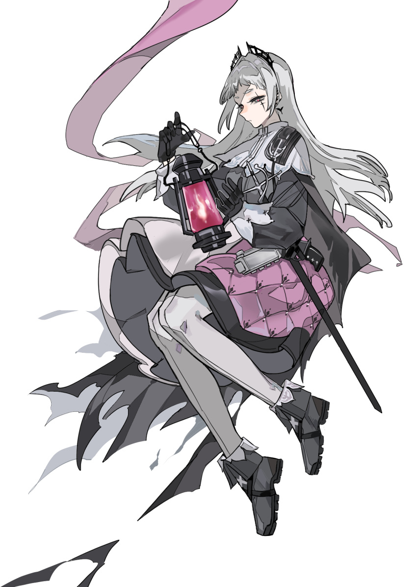 1girl ankle_boots arknights black_footwear black_gloves boots closed_mouth earrings expressionless front-seamed_legwear full_body gloves grey_eyes grey_hair gun hair_ornament highres holding holding_lantern irene_(arknights) jewelry lantern layered_skirt long_hair long_sleeves pantyhose puffy_long_sleeves puffy_sleeves purple_skirt scar scar_across_eye scar_on_face seamed_legwear sheath sheathed skirt solo sword weapon white_legwear white_skirt wusebuhui