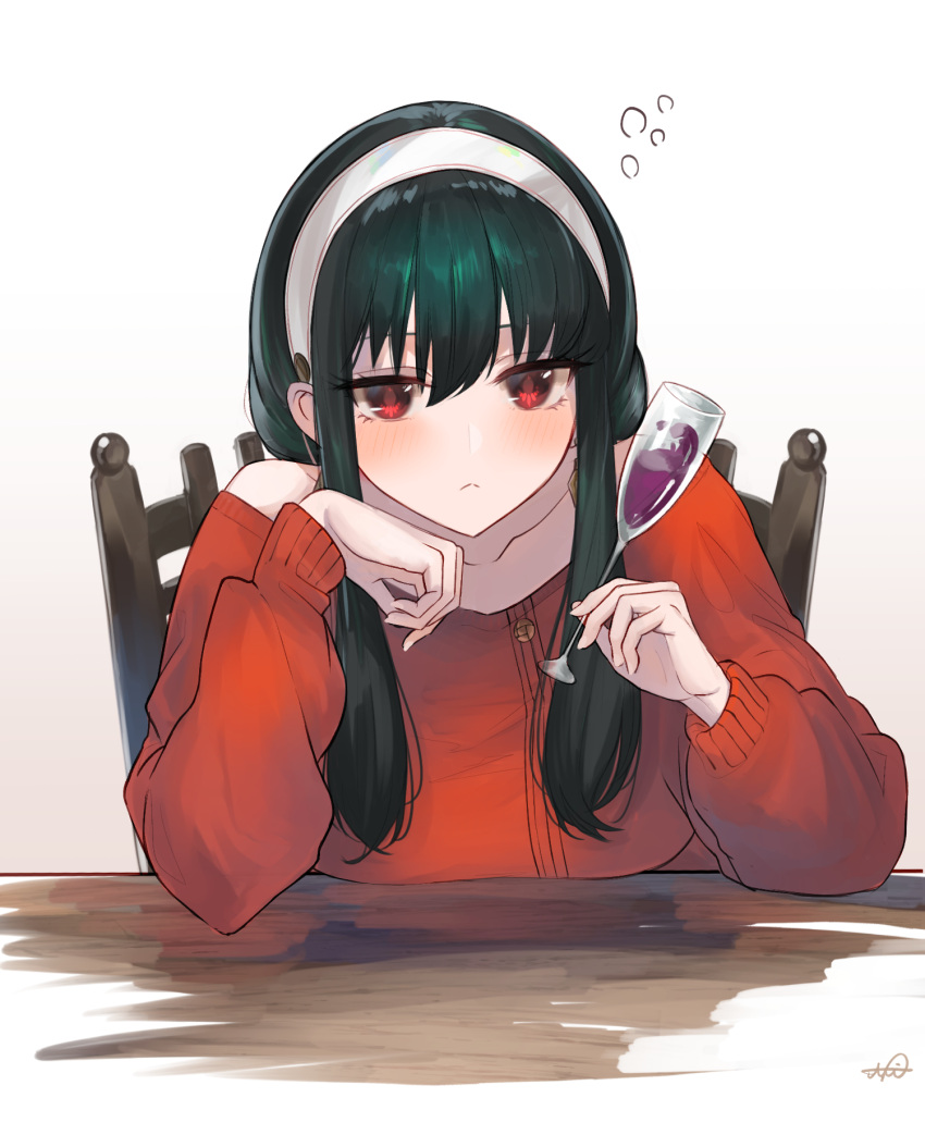 1girl alcohol black_hair blush chair closed_mouth collarbone cup drinking_glass drunk elbow_rest frown hairband highres holding holding_cup jazztaki off-shoulder_sweater off_shoulder red_eyes red_sweater solo spy_x_family sweater table upper_body white_hairband wine_glass yor_briar