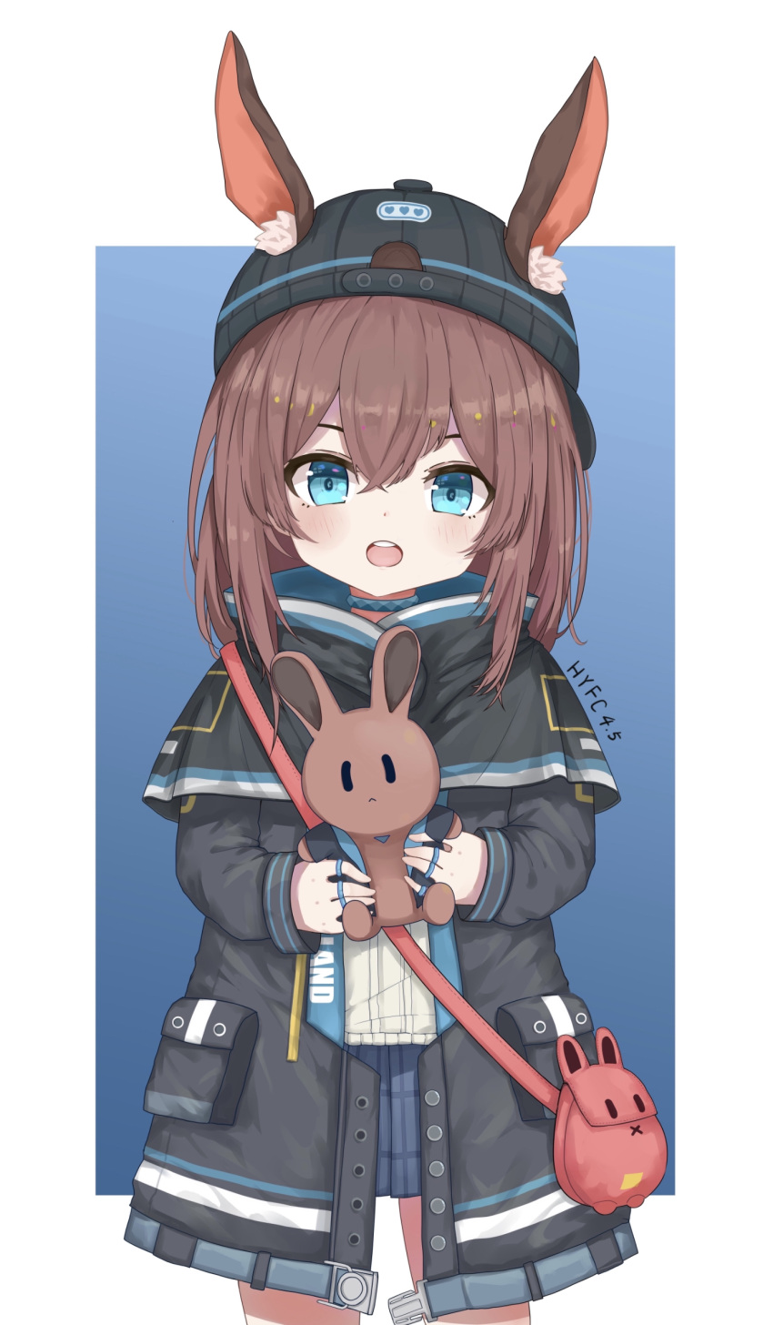 1girl adapted_costume amiya_(arknights) animal_ears arknights artist_name backwards_hat bag black_headwear black_jacket blue_background blue_collar blue_eyes blue_skirt blush brown_hair collar cowboy_shot ears_through_headwear hair_between_eyes hat highres holding holding_stuffed_toy hyfc4.5 jacket jewelry looking_at_viewer medium_hair multiple_rings open_clothes open_jacket open_mouth painttool_sai_(medium) plaid plaid_skirt pleated_skirt pouch red_bag ring shoulder_bag simple_background skirt solo stuffed_animal stuffed_bunny stuffed_toy teeth two-tone_background upper_teeth white_background younger