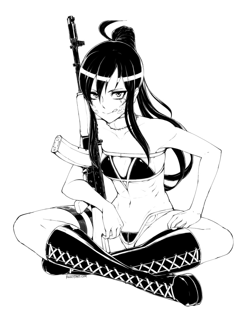 1girl ak-74 assault_rifle bangs bikini boots breasts clip_studio_paint_(medium) english_commentary greyscale gun highres holding holding_gun holding_weapon indian_style kalashnikov_rifle kuso_otoko licking_lips long_hair monochrome pitohui_(sao) ponytail rifle sitting small_breasts smile solo swimsuit sword_art_online sword_art_online_alternative:_gun_gale_online thigh-highs thigh_boots tongue tongue_out weapon white_background