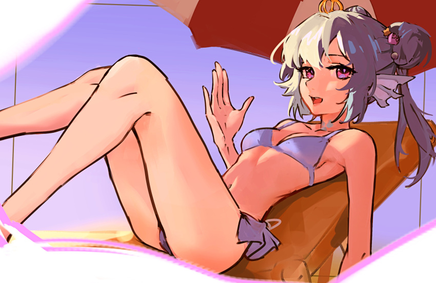 1girl absurdres animal_ears beach bikini blue_bikini breasts diadem double_bun finana_ryugu from_side green_hair hand_up head_fins highres looking_at_viewer nijisanji nijisanji_en open_mouth parasol pink_eyes reclining sitting small_breasts solo swimsuit twintails umbrella vergil_mon