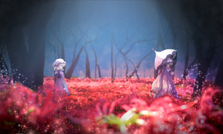 2girls absurdres bare_tree blonde_hair blurry bow commentary depth_of_field dress field flower flower_field frilled_dress frills from_side hair_bow hat head_down highres holding holding_umbrella long_hair long_sleeves looking_at_another maribel_hearn minus_(sr_mineka) mob_cap multiple_girls open_mouth parasol pink_ribbon puffy_long_sleeves puffy_sleeves red_bow red_flower ribbon scenery short_hair touhou tree umbrella very_long_hair violet_eyes white_headwear yakumo_yukari