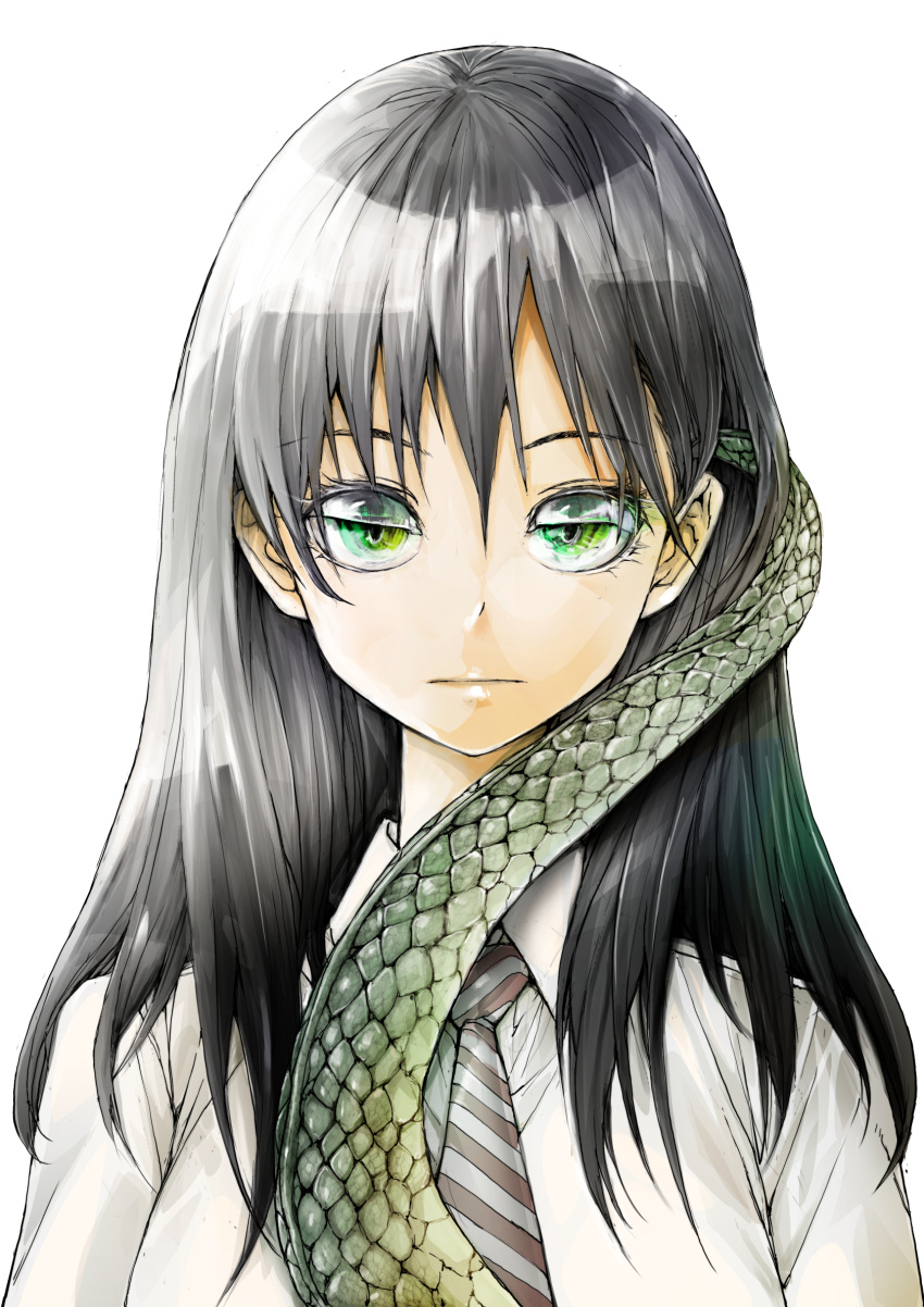 1girl bangs black_hair black_necktie burningblossom collared_shirt cover cover_image cover_page extra_eyelids eyebrows_visible_through_hair green_eyes hair_behind_ear highres lizard_tail long_hair manga_cover mukasete!_ryuugasaki-san necktie official_art reptile_girl ryuugasaki-san school_uniform shirt solo tail textless white_background white_shirt