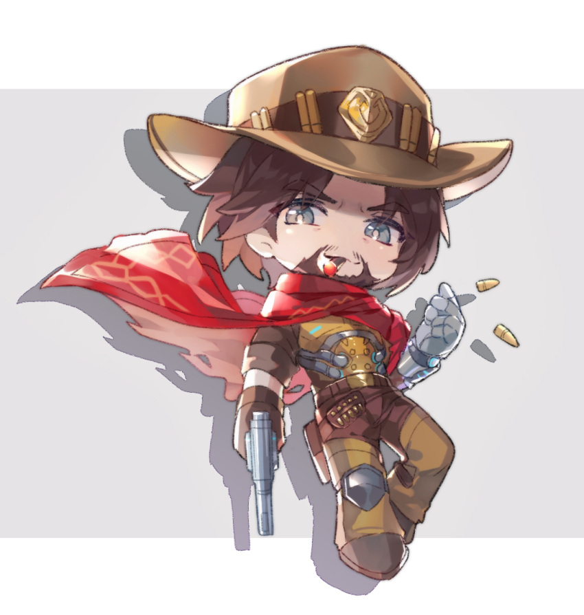 1boy beard belt blue_eyes brown_belt brown_gloves brown_hair brown_headwear brown_pants cape cassidy_(overwatch) chibi chinese_commentary cigar commentary_request cowboy_hat facial_hair gloves grey_background gun hat holding holding_gun holding_weapon looking_at_viewer male_focus mechanical_arms overwatch pants red_cape shadow short_hair simple_background single_glove single_mechanical_arm smoking solo weapon yusa_(yusa0751)