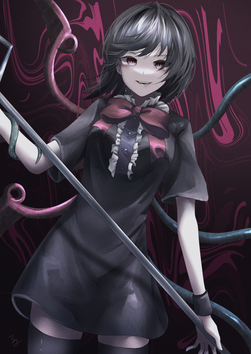 1girl :d absurdres asymmetrical_wings black_dress black_hair black_legwear bow bowtie dress highres holding houjuu_nue looking_at_viewer polearm red_bow red_eyes short_dress short_hair short_sleeves signature smile snake solo t_terano teeth thigh-highs touhou trident weapon wings zettai_ryouiki