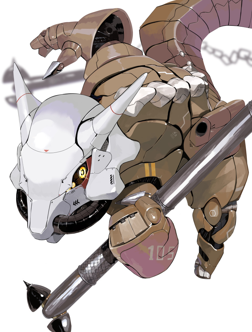 absurdres highres holding holding_staff horns marowak mecha mechanical_tail mechanization no_humans open_hand pokemon science_fiction solo staff tail white_background yellow_eyes yunimaru