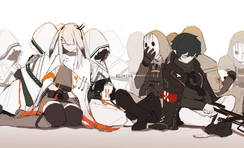 1boy 1girl 6+others absurdres ambiguous_gender animal_ears arknights armband black_gloves black_jacket black_legwear black_shirt coat cup ear_ornament ears_down faust_(arknights) five-fall frostnova_(arknights) gloves green_hair grey_hair grey_shirt hair_over_one_eye highres holding holding_cup jacket long_hair mask multiple_others open_clothes open_jacket pointy_ears rabbit_ears reunion_logo_(arknights) scar scar_on_face scar_on_nose shirt short_hair sidelocks sitting thigh-highs white_coat