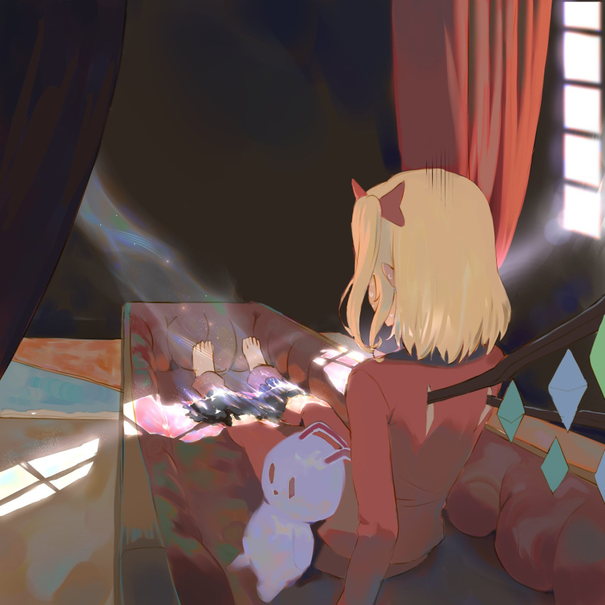 1girl arm_support barefoot bed blonde_hair coffin collared_shirt crystal disintegration flandre_scarlet highres long_sleeves one_side_up pajamas pants red_pajamas red_pants red_shirt shirt short_hair side_ponytail sitting solo stuffed_animal stuffed_bunny stuffed_toy sunlight sweat teasmacker touhou vampire window wings