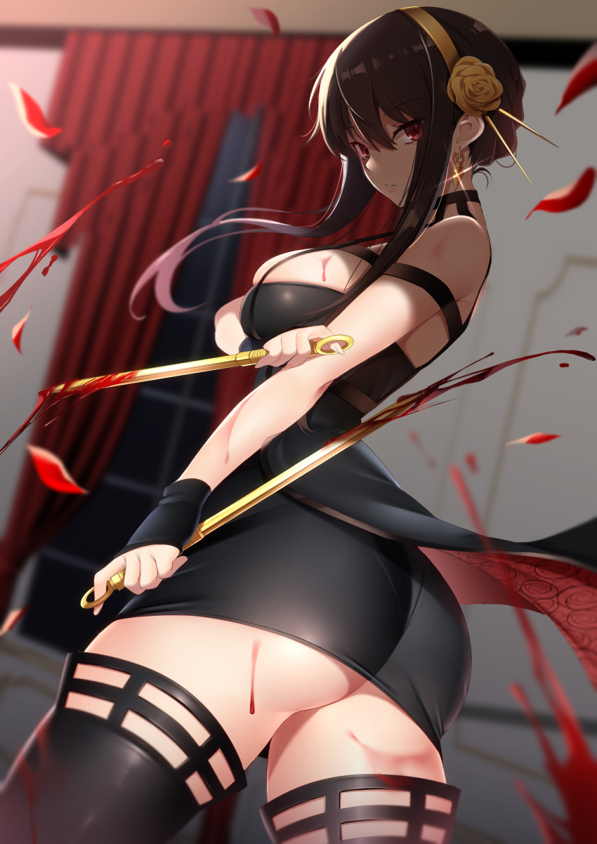 1girl ass black_dress black_hair black_legwear blood blood_on_breasts blood_on_weapon blurry blurry_background breasts closed_mouth commentary_request cowboy_shot dagger dress dual_wielding earrings falling_petals flower from_behind glint gold_earrings gold_hairband hair_flower hair_ornament highres holding holding_dagger holding_weapon jewelry kippuru knife large_breasts looking_at_viewer looking_back petals red_eyes rose solo spikes spy_x_family thigh-highs thighs twisted_torso weapon window yor_briar