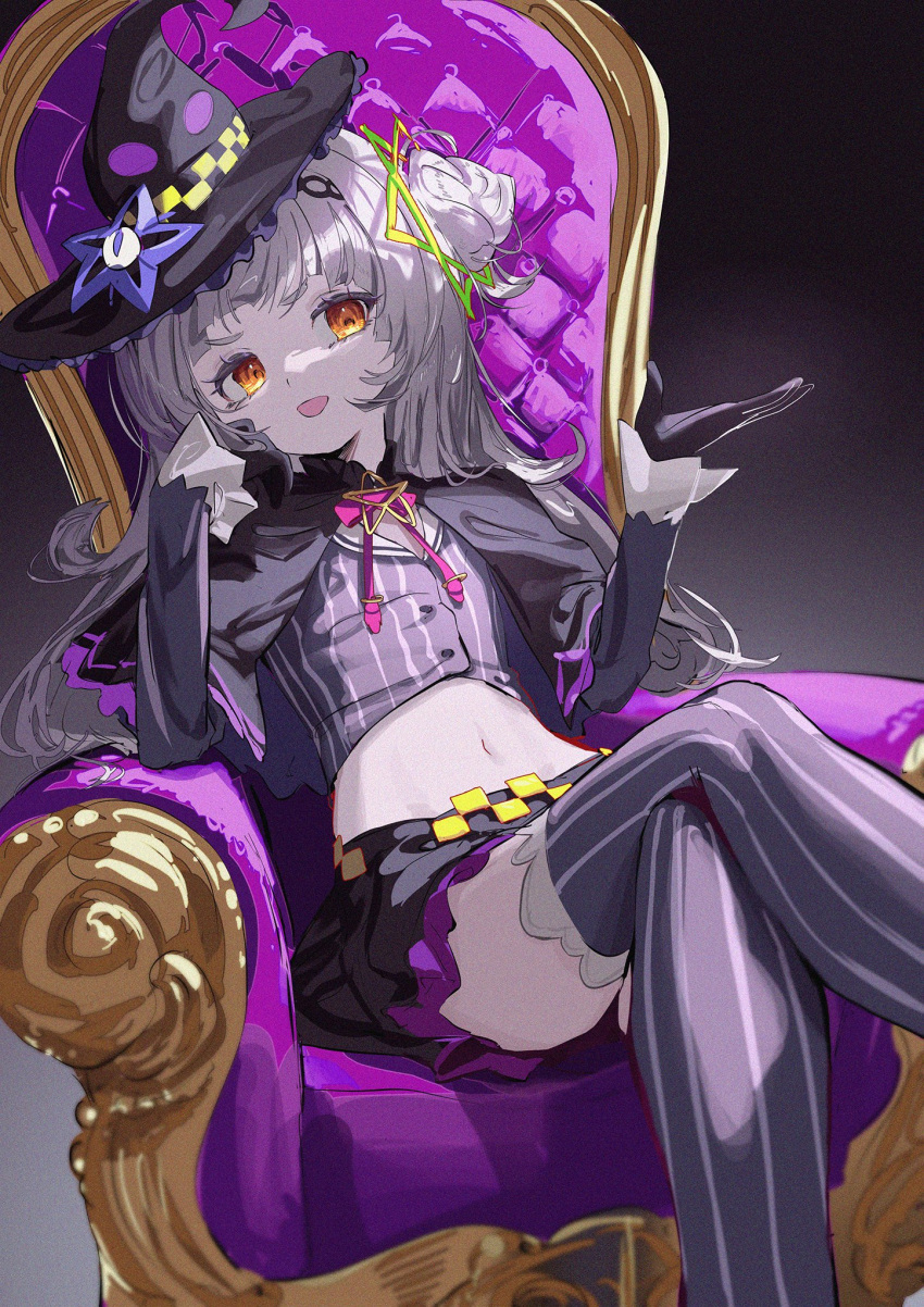 1girl bangs black_capelet black_gloves black_headwear black_legwear black_shirt black_skirt bow bowtie brown_eyes capelet crop_top crossed_legs feet_out_of_frame gloves grey_hair hair_bun hair_ornament hands_up hat highres hololive long_hair looking_at_viewer midriff miniskirt murasaki_shion navel open_mouth pink_bow pink_bowtie roitz_(_roitz_) shirt sitting skirt solo striped striped_legwear striped_shirt thigh-highs tilted_headwear vertical-striped_legwear vertical-striped_shirt vertical_stripes virtual_youtuber witch_hat