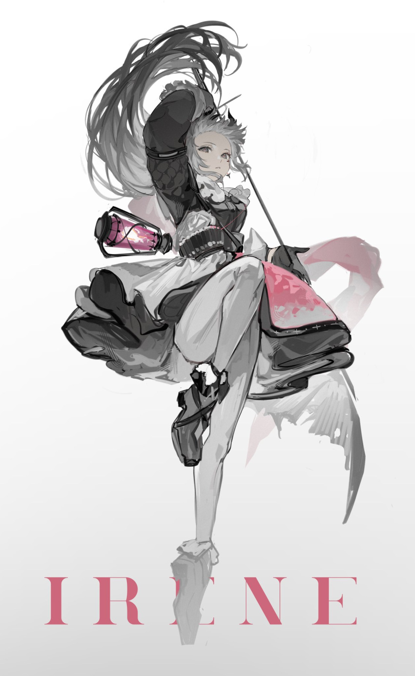 1girl ankle_boots arknights arm_up belt black_eyes black_footwear black_jacket boots breasts character_name earrings forehead full_body grey_background grey_hair high-waist_skirt highres holding holding_sword holding_weapon irene_(arknights) jacket jewelry layered_skirt leg_up long_hair long_sleeves looking_at_viewer medium_breasts pantyhose parted_lips pink_skirt puffy_long_sleeves puffy_sleeves rapier simple_background skirt solo standing standing_on_one_leg sword tiptoes very_long_hair weapon white_legwear white_skirt