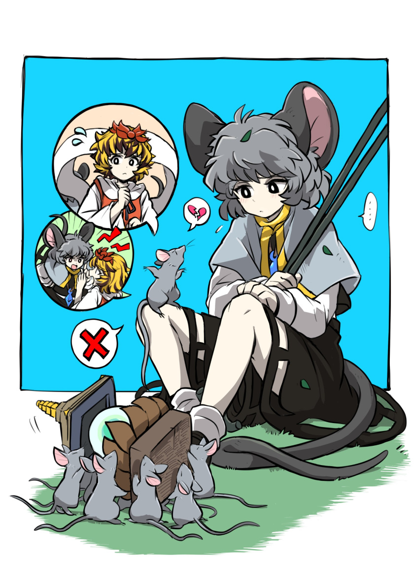 2girls absurdres angry animal_ears bangs bishamonten's_pagoda black_eyes black_footwear black_hair black_skirt black_vest blonde_hair blue_background blue_capelet border broken_heart capelet commentary_request cross dowsing_rod grey_hair heart highres jewelry long_sleeves mc_pyth mouse mouse_ears mouse_tail multicolored_hair multiple_girls nazrin necklace pointing shirt short_hair shouting skirt socks spoken_heart streaked_hair tail toramaru_shou touhou two-tone_hair vest white_border white_legwear white_shirt