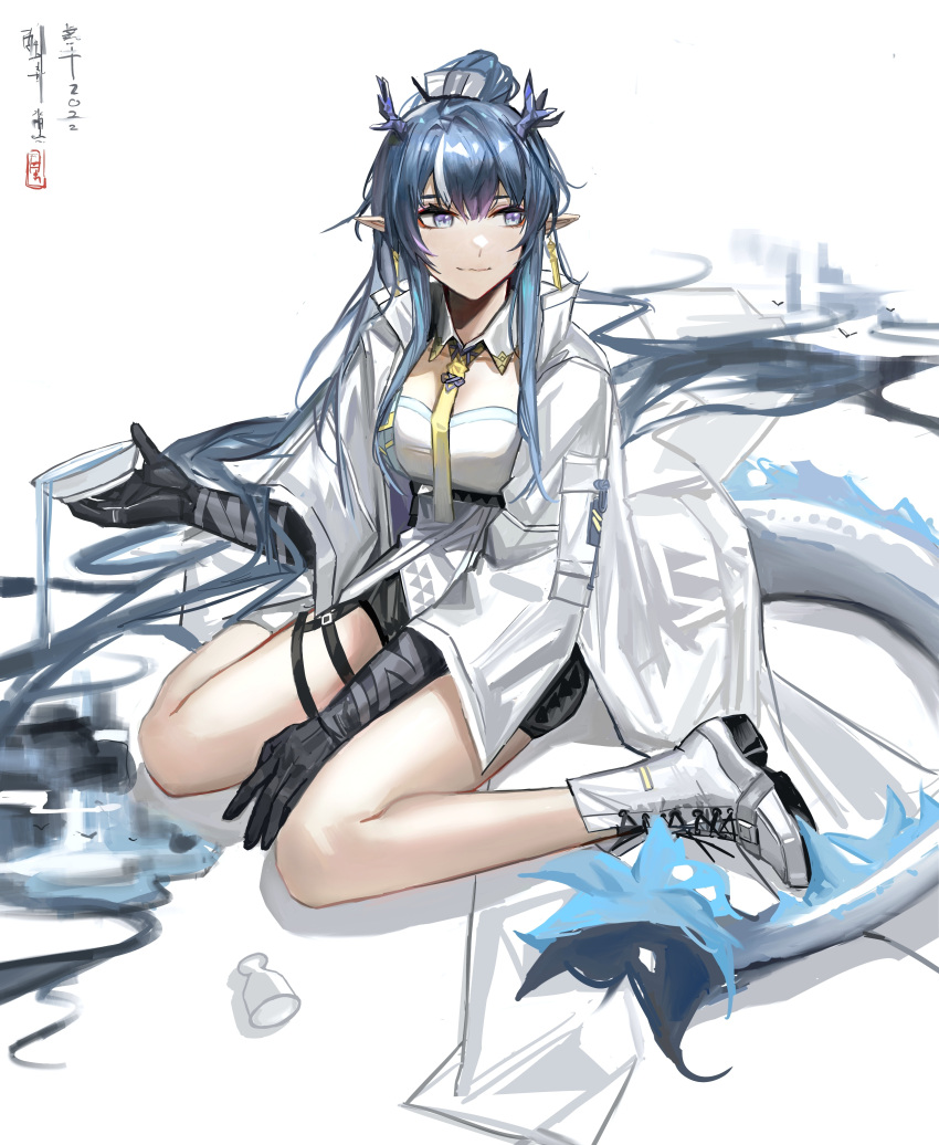 1girl 2022 absurdres arknights arm_tattoo black_shorts black_skin blue_eyes blue_hair bowl collar colored_skin detached_collar dragon_girl dragon_horns dragon_tail flame-tipped_tail full_body hair_between_eyes highres holding holding_bowl horns jacket ling_(arknights) long_hair looking_to_the_side multicolored_hair neckerchief pointy_ears ponytail shirt shorts shuimo sidelocks sitting solo streaked_hair tail tassel tattoo very_long_hair wariza white_background white_collar white_jacket white_shirt yellow_neckerchief