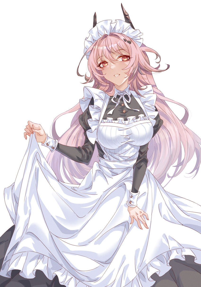 1girl absurdres alternate_costume apron apron_hold arknights bangs black_dress breasts dress enmaided eyebrows_visible_through_hair feet_out_of_frame frilled_apron frills highres horns innoarukugyou juliet_sleeves large_breasts long_hair long_sleeves looking_at_viewer maid maid_headdress neck_ribbon parted_lips pink_hair puffy_sleeves red_eyes ribbon smile solo standing theresa_(arknights) very_long_hair white_apron white_ribbon
