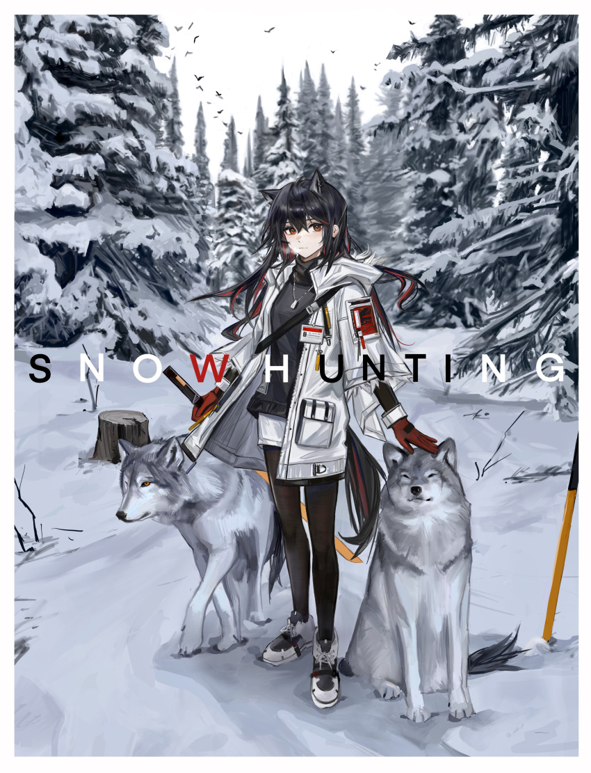 1girl absurdres animal animal_ears arknights bird black_hair black_scarf black_shirt border coat dog_tags ear_piercing extra_ears forest full_body fur-trimmed_hood fur-trimmed_sleeves fur_trim gloves highres holding holding_sword holding_weapon hood id_card long_hair looking_at_viewer multicolored_hair nature official_alternate_costume open_clothes open_coat outdoors pantyhose petting piercing pine_tree planted planted_sword red_eyes red_gloves redhead scarf scenery shirt shorts shuimo snow solo standing streaked_hair sword tail texas_(arknights) texas_(winter_messenger)_(arknights) tree weapon white_border white_coat white_footwear white_shorts winter winter_clothes winter_coat wolf wolf_ears wolf_girl wolf_tail