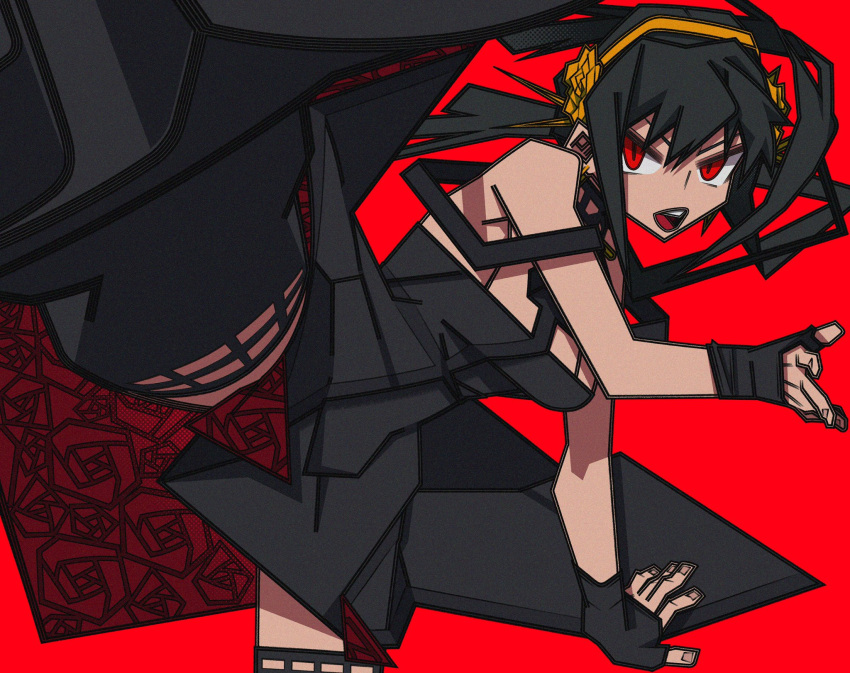 1girl bangs bare_shoulders black_dress black_gloves black_hair dress earrings fingerless_gloves gloves gold_hairband hairband highres jewelry perspective red_background red_eyes rose_hair_ornament sidelocks solo spy_x_family two-sided_dress two-sided_fabric yaya_hiyayaka yor_briar