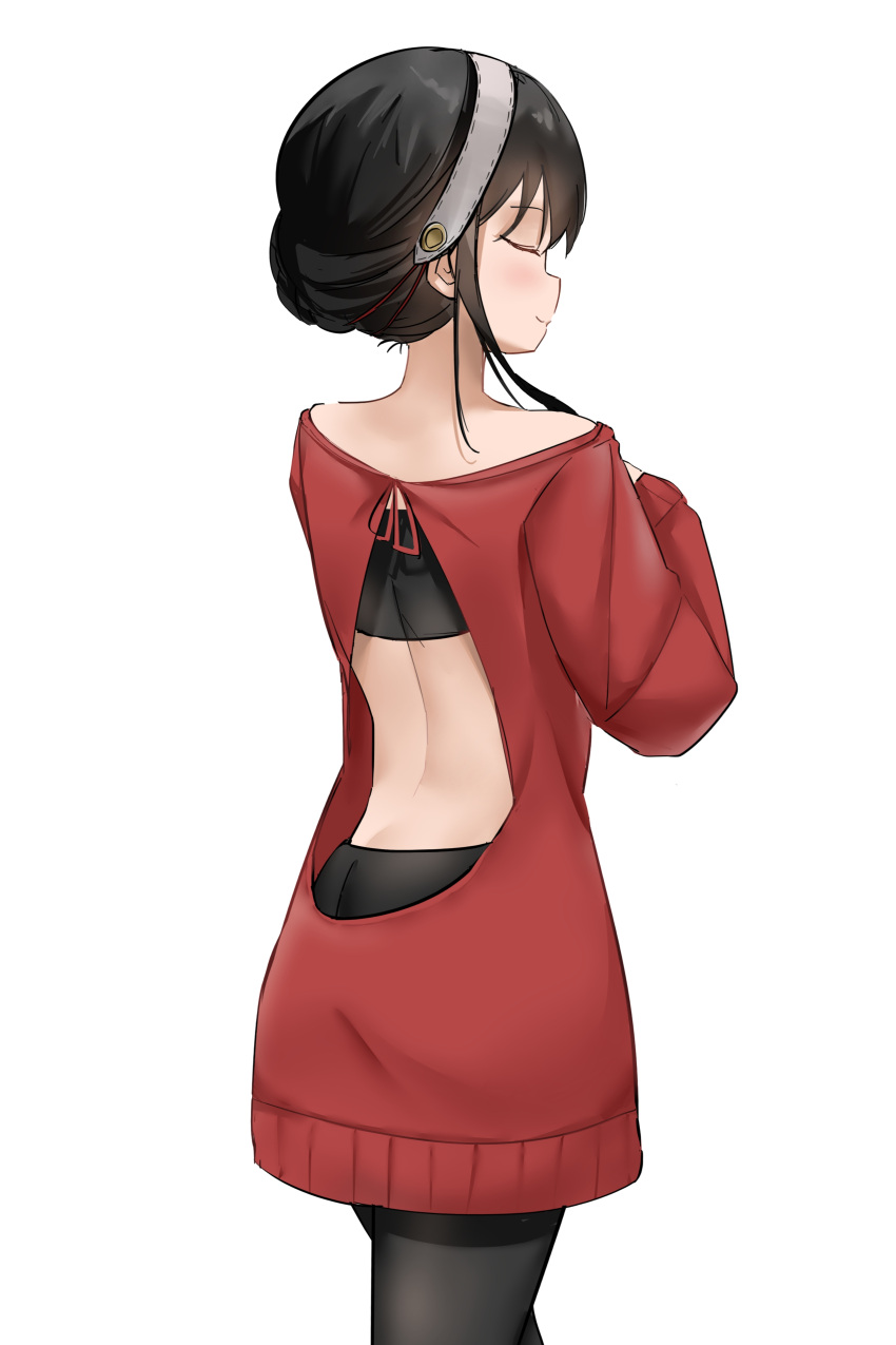 1girl absurdres back back_cutout bare_shoulders black_hair black_legwear closed_eyes closed_mouth clothing_cutout facing_away from_behind hairband highres long_hair off-shoulder_sweater off_shoulder pantyhose ps_rinsu red_sweater sidelocks simple_background solo spy_x_family sweater white_background white_hairband yor_briar