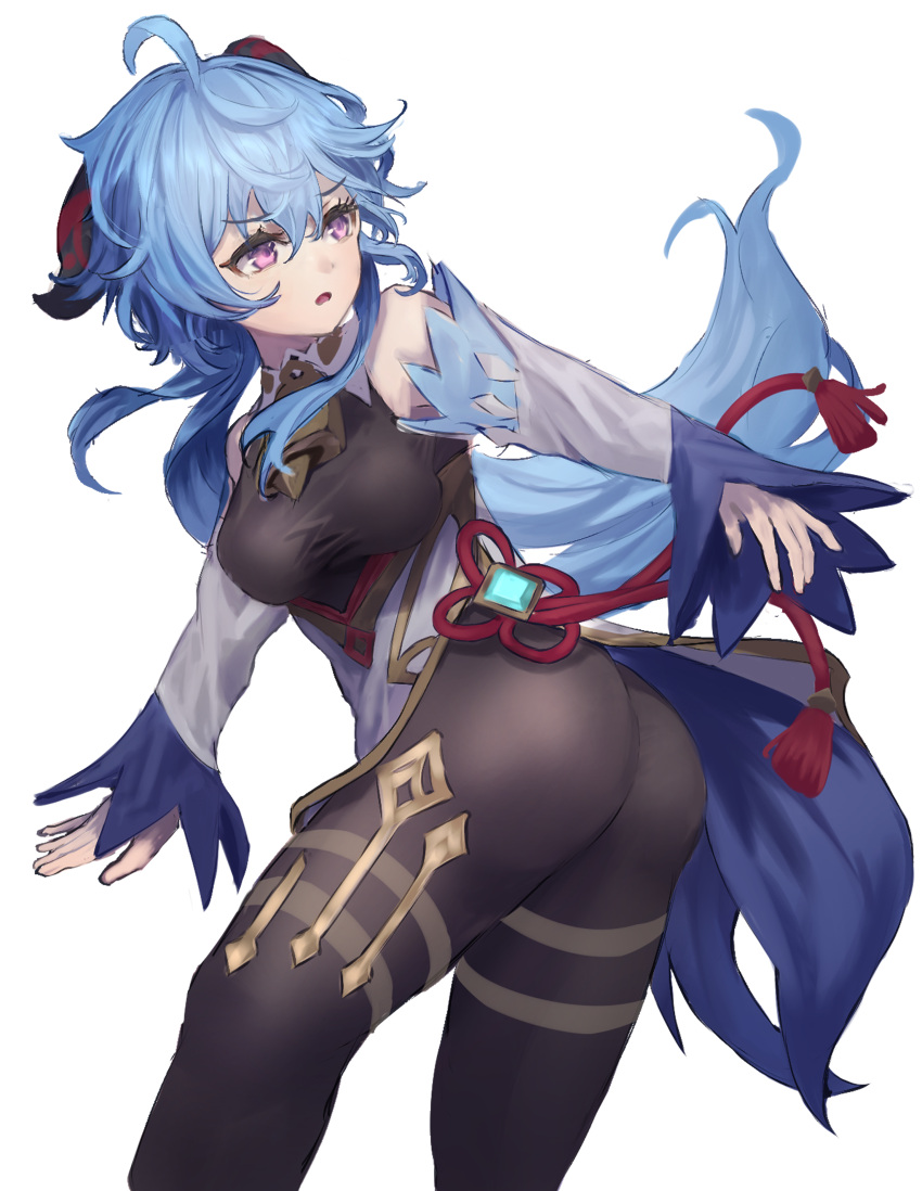 1girl absurdres ahoge ass bangs bare_shoulders bell black_legwear blue_hair bodystocking breasts chinese_knot detached_sleeves eyebrows_visible_through_hair flower_knot ganyu_(genshin_impact) genshin_impact gold_trim highres horns long_hair looking_to_the_side medium_breasts neck_bell no_gloves owaowa_no_mi raised_eyebrows sidelocks solo tassel thighlet thighs violet_eyes vision_(genshin_impact) white_background white_sleeves