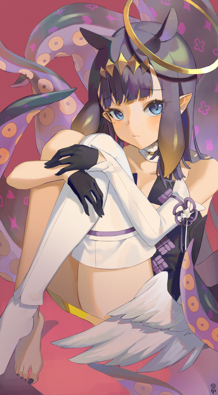 1girl absurdres bangs bare_shoulders barefoot black_dress black_gloves black_nails blue_eyes blunt_bangs detached_collar detached_sleeves dress feet frown gloves hair_flaps halo highres hololive hololive_english hugging_own_legs julia8857 long_hair looking_at_viewer mole mole_under_eye nail_polish ninomae_ina'nis no_shoes pointy_ears purple_hair short_dress sidelocks single_sleeve single_thighhigh sitting solo tail tentacle_hair tentacles thigh-highs thighs white_legwear white_sleeves