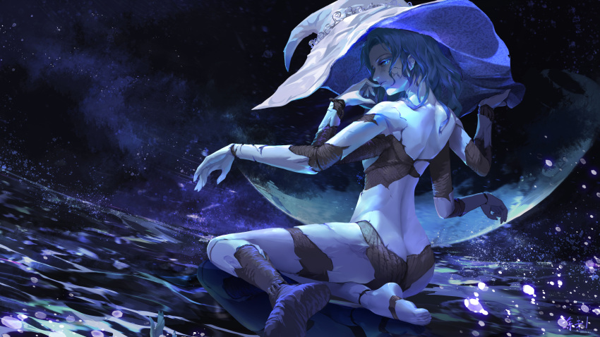 1girl absurdres ass blue_eyes blue_hair blue_skin closed_mouth colored_skin cracked_skin elden_ring extra_arms hat highres joints large_hat long_hair looking_at_viewer moon night nude one_eye_closed ranni_the_witch solo star_(symbol) tuweibu water witch witch_hat