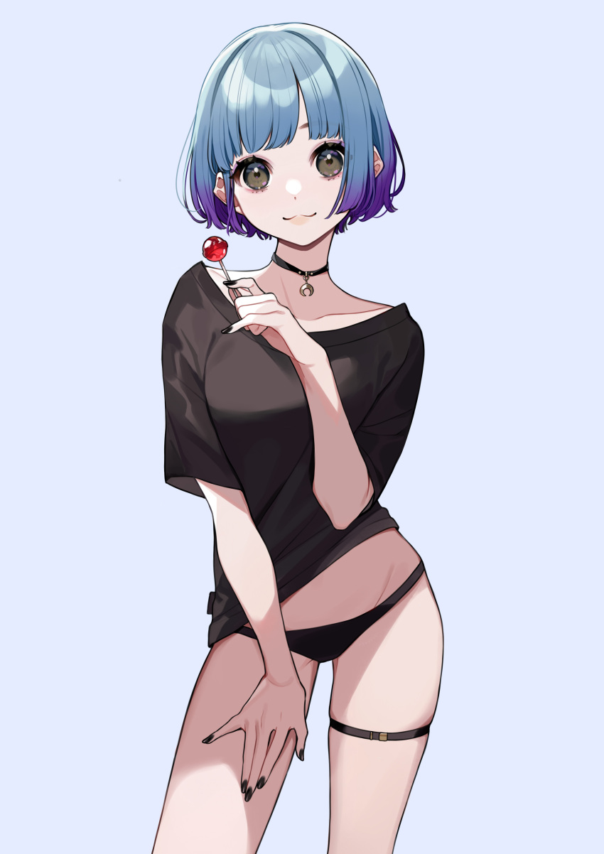 1girl :3 absurdres bangs black_choker black_nails black_panties black_shirt blue_hair breasts brown_eyes candy choker closed_mouth contrapposto crescent_choker food gradient_hair hand_on_own_thigh hand_up highres holding holding_candy holding_food holding_lollipop lollipop looking_at_viewer medium_breasts multicolored_hair original panties purple_hair shirt short_hair short_sleeves simple_background solo thigh_strap two-tone_hair underwear yuu_(higashi_no_penguin)