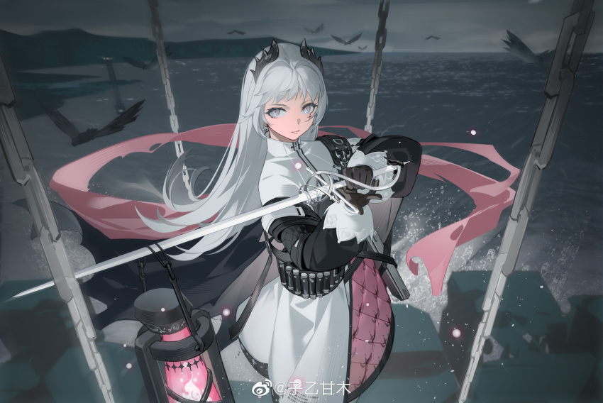 1girl absurdres arknights artist_name belt bird black_gloves black_jacket chain closed_mouth clouds cloudy_sky cowboy_shot day earrings fire gloves grey_eyes gun head_wings high-waist_skirt highres holding holding_sword holding_weapon irene_(arknights) jacket jewelry lantern layered_skirt light_particles lighthouse long_hair long_sleeves looking_at_viewer ocean outdoors pink_fire purple_skirt rapier scar scar_across_eye scar_on_face skirt sky smile solo sword very_long_hair water weapon weibo_username white_hair white_skirt ziyiganmu