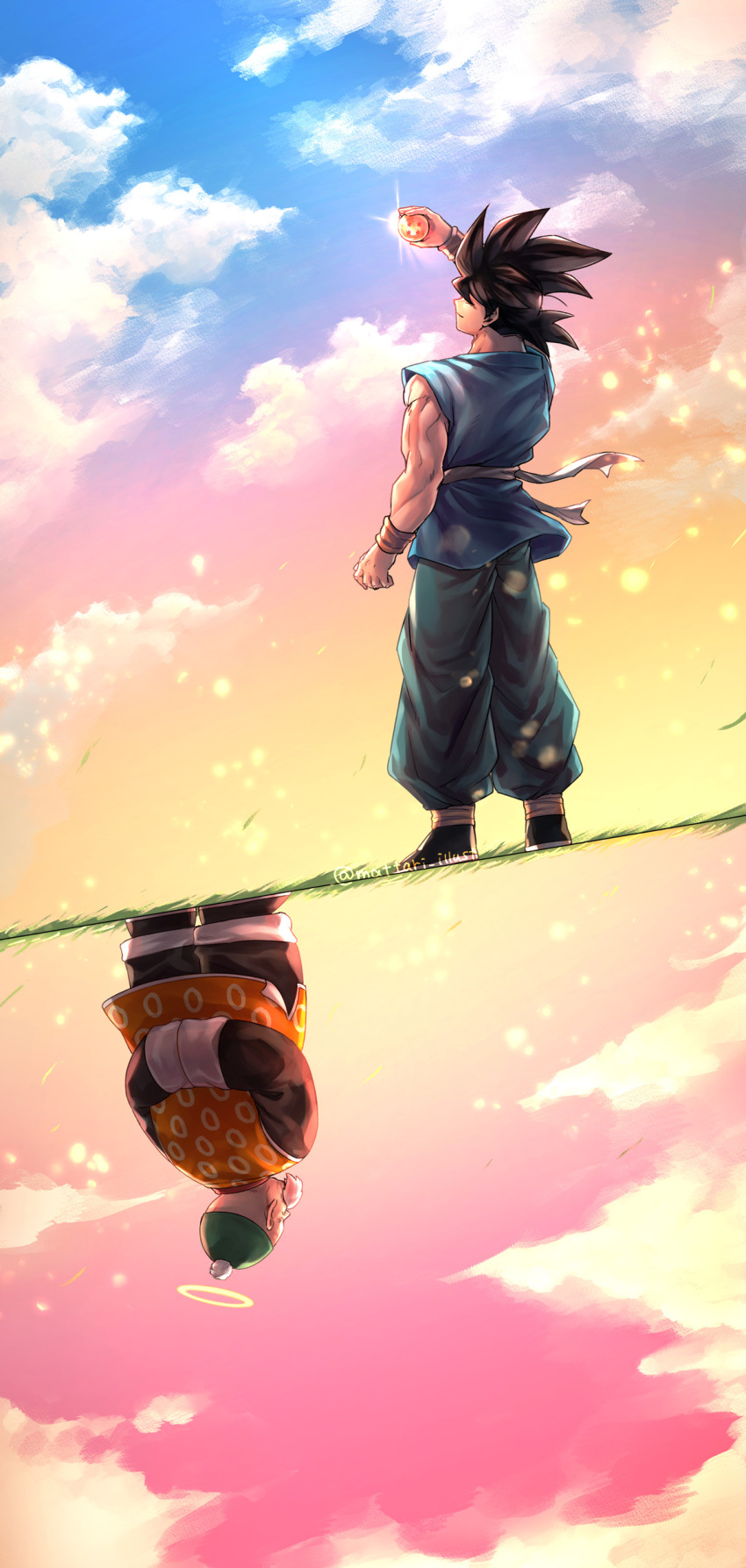 2boys absurdres aqua_pants arm_at_side arm_up arms_behind_back black_footwear black_hair black_pants blue_sky blurry bokeh chinese_clothes clouds cloudy_sky day depth_of_field dougi dragon_ball dragon_ball_(classic) dragon_ball_(object) dragon_ball_z facial_hair facing_away floating_hair from_behind full_body glint gradient gradient_sky grandpa_gohan grass green_headwear hair_over_eyes halo hat highres holding lens_flare light_particles male_focus mattari_illust multiple_boys muscular muscular_male mustache nape obi orange_sky orange_wristband outdoors pants pink_sky polka_dot pom_pom_(clothes) rotational_symmetry sash shoes side_slit sky sleeves_past_fingers sleeves_past_wrists smile son_goku spiky_hair split_screen sunset white_sash wrinkled_skin wristband yellow_sky