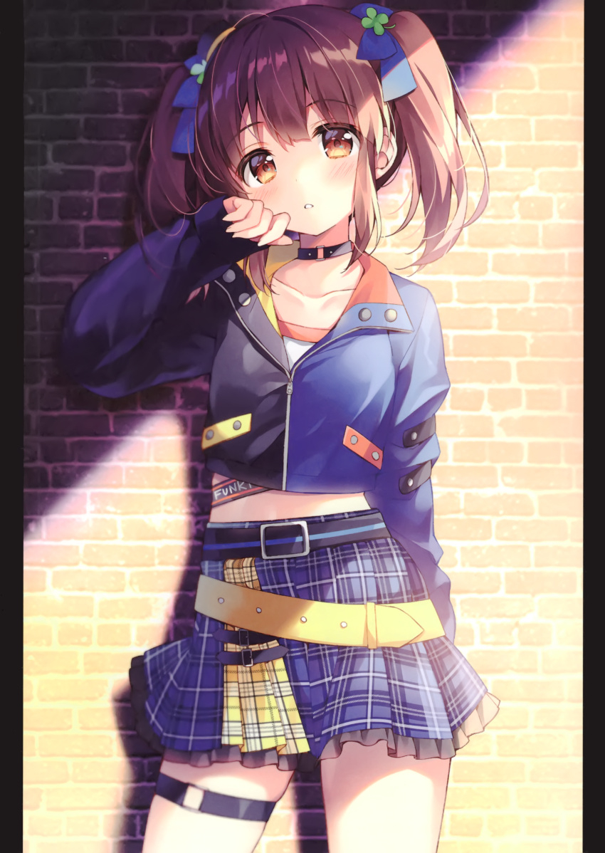 1girl absurdres belt blue_skirt blurry bow brick_wall brown_hair choker collarbone cowboy_shot crop_top cropped_jacket frilled_skirt frills hair_bow hand_up highres idolmaster idolmaster_cinderella_girls idolmaster_cinderella_girls_starlight_stage jacket long_hair long_sleeves looking_at_viewer midriff miniskirt multicolored_clothes multicolored_jacket ogata_chieri orange_eyes parted_lips plaid plaid_skirt shirt sidelocks skirt solo standing suimya thigh_strap twintails two-sided_fabric two-sided_jacket two-tone_jacket white_shirt wing_collar