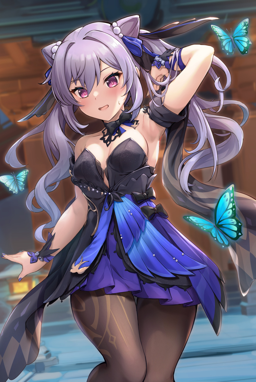 1girl absurdres arm_behind_head armpits bare_shoulders black_bow black_bowtie black_dress blush bow bowtie brown_legwear bug butterfly double_bun dress genshin_impact hair_bun hair_ornament highres keqing_(genshin_impact) looking_at_viewer multicolored_clothes multicolored_dress nail_polish official_alternate_costume open_mouth pantyhose purple_hair samoore solo sweatdrop twintails violet_eyes