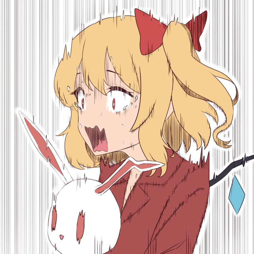 1girl bow collared_shirt crying crying_with_eyes_open eyebrows_visible_through_hair fang flandre_scarlet hair_bow highres long_sleeves open_mouth red_bow red_eyes red_pajamas red_shirt scared screaming shirt side_ponytail solo stuffed_animal stuffed_bunny stuffed_toy tears teasmacker touhou wings