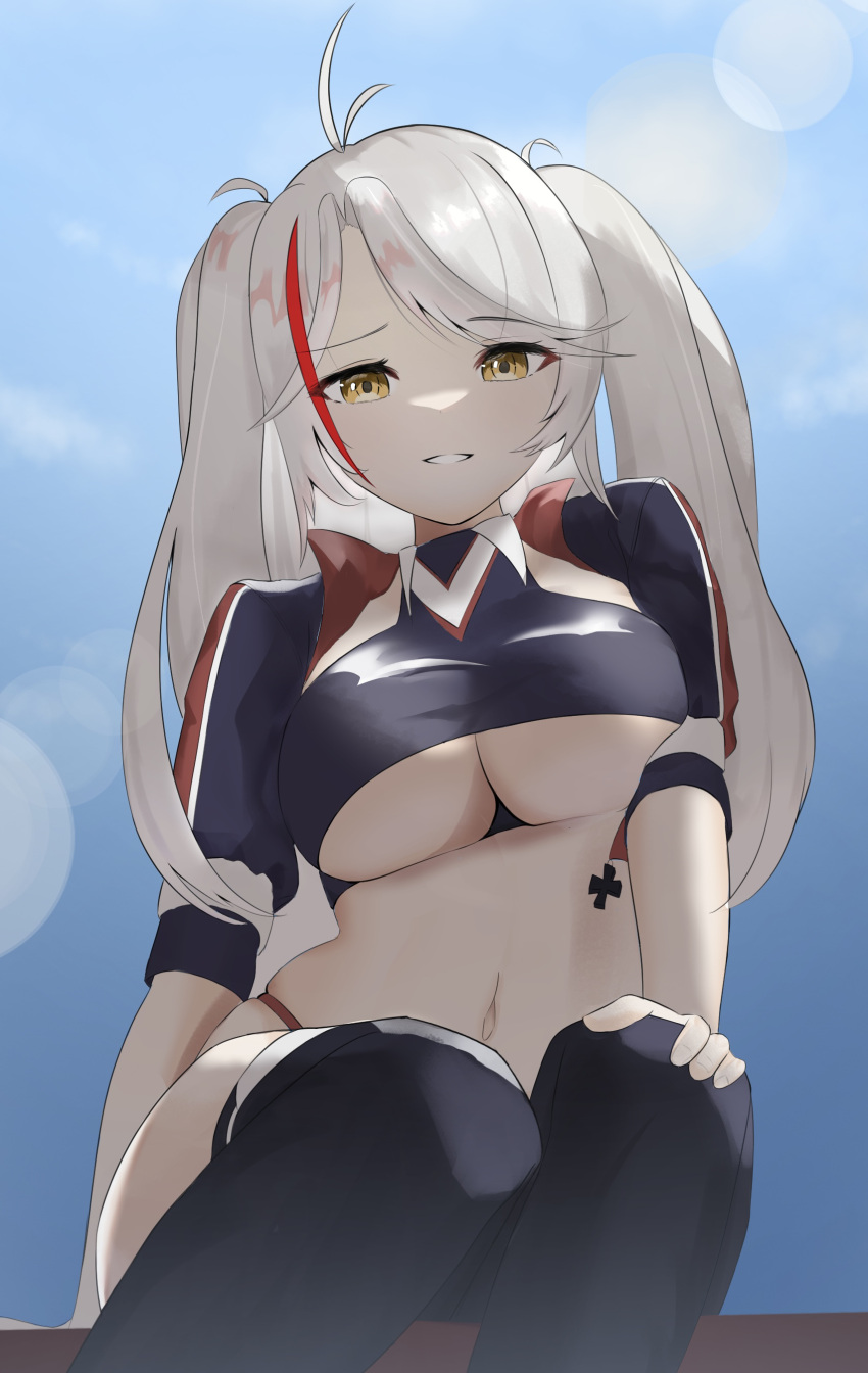 1girl absurdres azur_lane black_legwear breasts clothing_cutout cropped_jacket cropped_shirt day eyebrows_visible_through_hair highres hioblue jacket lens_flare long_hair looking_at_viewer multicolored_hair official_alternate_costume panties panty_straps prinz_eugen_(azur_lane) prinz_eugen_(final_lap)_(azur_lane) purple_jacket racequeen red_panties redhead sitting smile solo streaked_hair teeth two-tone_hair two-tone_skirt under_boob underboob_cutout underwear white_hair yellow_eyes