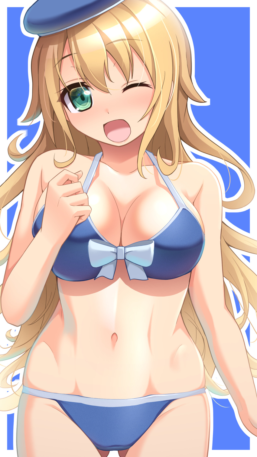 1girl absurdres atago_(kancolle) beret bikini blonde_hair blue_background blue_swimsuit border breasts collarbone cowboy_shot eyebrows_visible_through_hair green_eyes hair_between_eyes hat highres kantai_collection long_hair medium_breasts narashika_asuka navel one_eye_closed open_mouth red_bikini solo swimsuit white_border