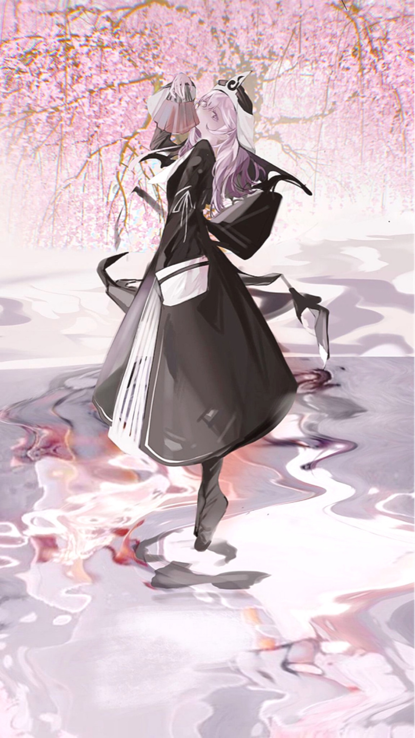 1girl alternate_costume arm_at_side black_dress black_headwear black_legwear cherry_blossoms commentary covering_mouth dress floating from_side full_body hand_fan hand_up hat head_back highres holding holding_fan koumajou_densetsu long_hair long_sleeves looking_at_viewer looking_to_the_side pink_eyes pink_hair saigyouji_yuyuko shibachipipa sleeves_past_fingers sleeves_past_wrists socks solo touhou triangular_headpiece veil wide_sleeves