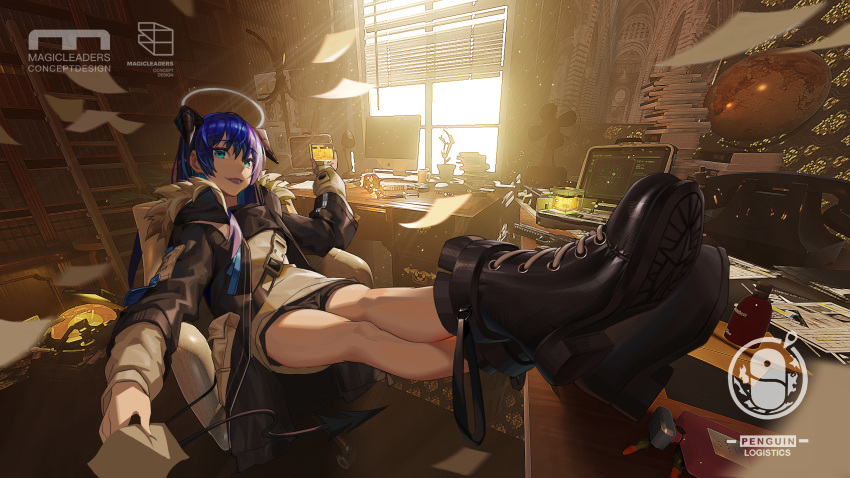 1girl absurdres arknights blue_eyes blue_hair bookshelf chair computer crossed_legs demon_horns demon_tail electric_fan globe gun halo henz highres horns ladder mostima_(arknights) office office_chair phone shorts tail weapon