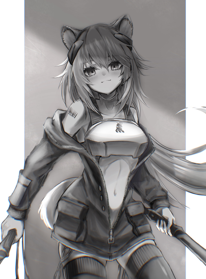 1girl 3_(sanyako1) absurdres arknights armor barcode barcode_tattoo blush breastplate cowboy_shot dark-skinned_female dark_skin dual_wielding earpiece gravel_(arknights) greyscale hair_between_eyes highres holding holding_sword holding_weapon infection_monitor_(arknights) jacket looking_at_viewer monochrome off_shoulder open_clothes open_jacket partially_unzipped shoulder_tattoo smile solo sword tattoo thigh-highs weapon wristband