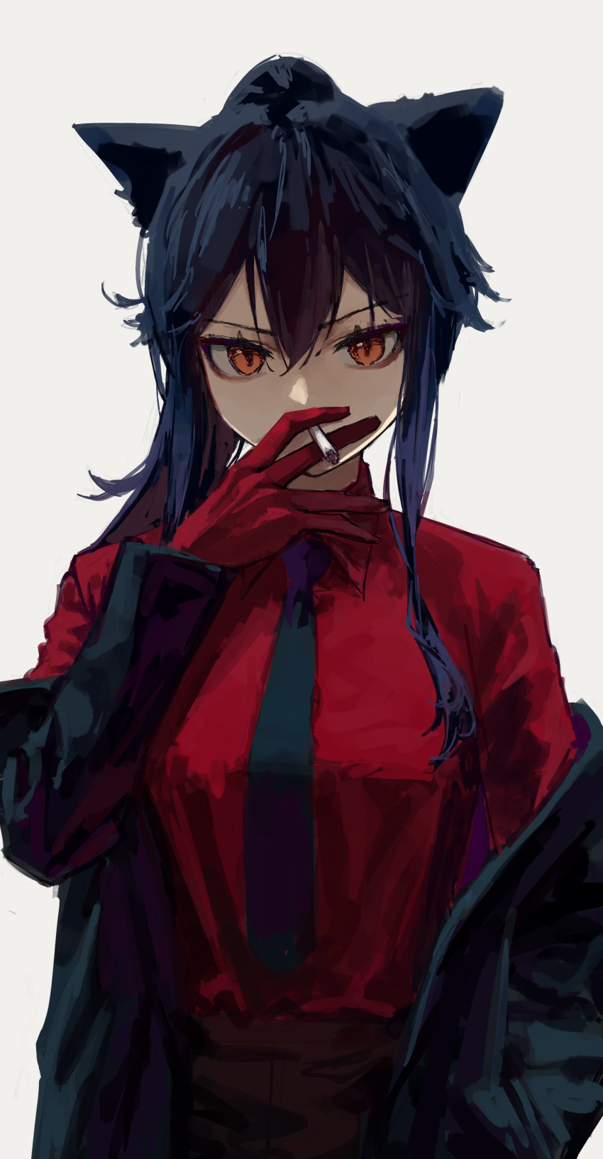 1girl absurdres animal_ears arknights bangs black_hair black_necktie cigarette collared_shirt gloves hair_between_eyes hand_up highres jacket long_hair looking_at_viewer necktie open_clothes open_jacket orange_eyes ponytail red_gloves red_shirt shirt sidelocks simple_background slit_pupils smoking solo texas_(arknights) texas_(willpower)_(arknights) upper_body white_background wolf_ears wolf_girl yoon_cook