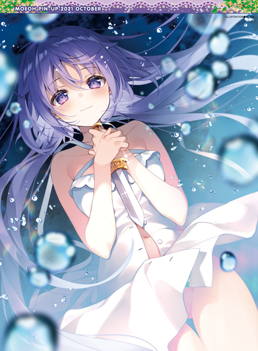 1girl :3 absurdres bare_shoulders character_request closed_mouth copyright_request dagger dress eyebrows_visible_through_hair hair_between_eyes highres holding holding_dagger holding_weapon knife looking_at_viewer navel no_panties purple_hair smile solo suimya violet_eyes weapon white_dress