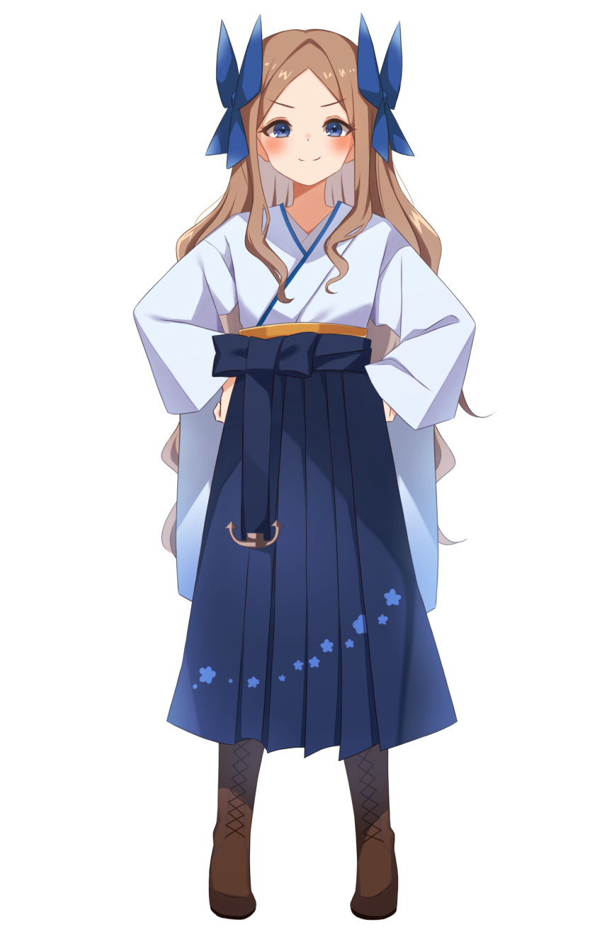 1girl absurdres asakaze_(kancolle) bangs blue_bow blue_eyes blue_hakama boots bow brown_footwear cross-laced_footwear forehead full_body hachino_mugi hair_bow hakama hakama_skirt highres japanese_clothes kantai_collection kimono knee_boots lace-up_boots light_brown_hair long_hair meiji_schoolgirl_uniform parted_bangs sidelocks skirt smile solo standing transparent_background wavy_hair white_kimono wide_sleeves