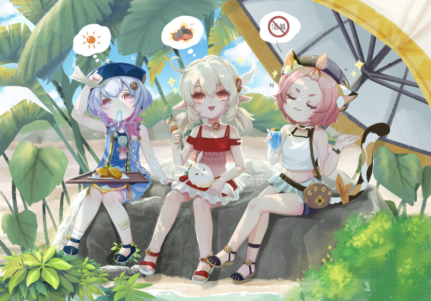 3girls :3 :d ahoge alternate_costume animal_ears bag bangs bangs_pinned_back bead_necklace beads belt bike_shorts blue_sky blurry braid casual cat_ears cat_girl cat_tail chinese_clothes choker closed_eyes clouds cloudy_sky clover_print cocktail_glass collarbone commentary_request contemporary crossed_legs cup depth_of_field dodoco_(genshin_impact) doyagao drink drinking_glass eyebrows_visible_through_hair fish food forehead frilled_skirt frills full_body genshin_impact hair_between_eyes hair_ornament hair_ribbon hat head_tilt highres holding holding_cup holding_skewer hot imagining jewelry jiangshi klee_(genshin_impact) leaf light_brown_hair long_hair looking_up low_ponytail low_twintails mary_janes meat mountainous_horizon mouth_hold multiple_girls navel necklace ofuda orange_eyes parasol paw_print pink_hair plant pointy_ears popsicle purple_hair qing_guanmao qshan_(user_eesv5354) ribbon rock shoes sidelocks single_braid sitting skewer skirt sky smile smug sparkle stomach stuffed_animal stuffed_toy sun tail thought_bubble translation_request twintails umbrella violet_eyes