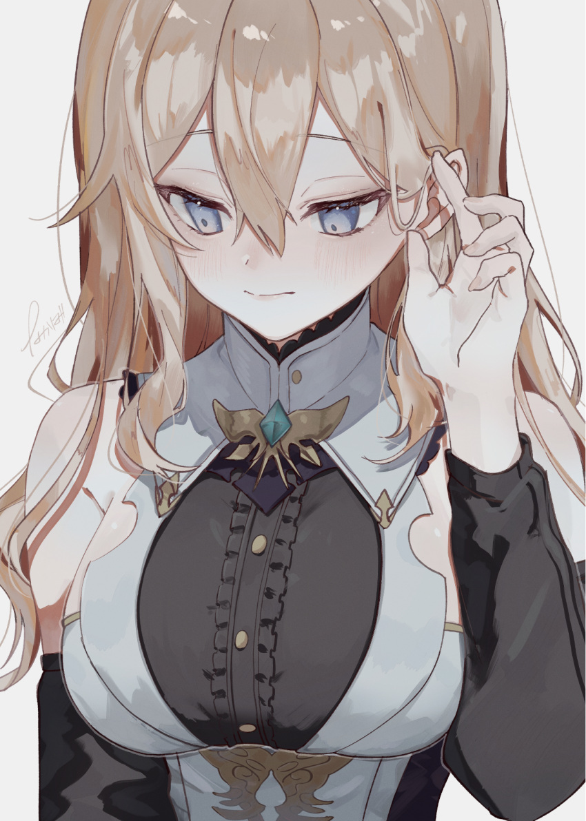 1girl adjusting_hair bangs bare_shoulders blonde_hair blue_eyes breasts brooch center_frills closed_mouth detached_sleeves eyebrows_visible_through_hair frills genshin_impact grey_background highres jean_(genshin_impact) jewelry large_breasts long_hair long_sleeves looking_away looking_down signature simple_background solo upper_body yuno_tsuitta
