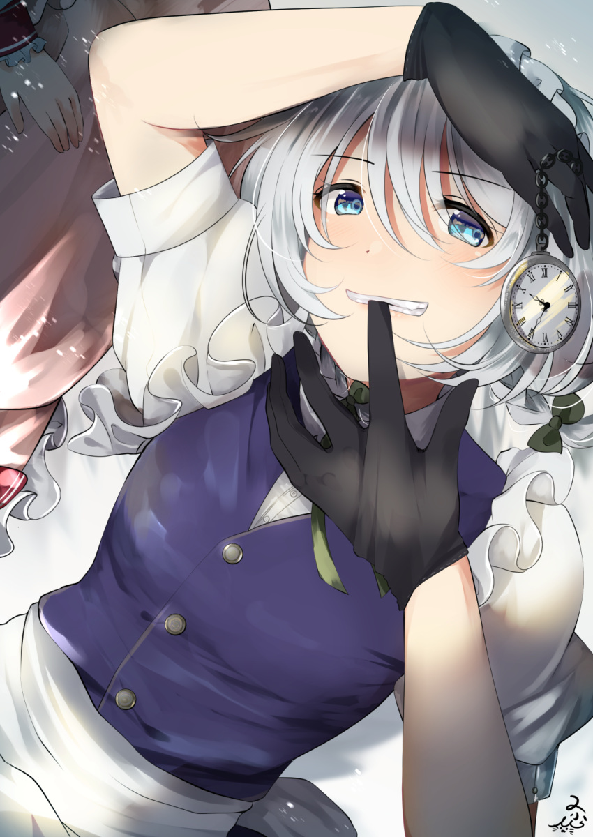 2girls apron biting black_gloves blue_eyes blue_vest bow braid eyebrows_visible_through_hair frills glove_biting glove_pull gloves hair_between_eyes highres izayoi_sakuya looking_at_viewer lying maid_apron maid_headdress miri_(miri0xl) multiple_girls neck_ribbon on_back out_of_frame pocket_watch puffy_short_sleeves puffy_sleeves remilia_scarlet ribbon short_sleeves solo_focus teeth teeth_hold touhou twin_braids vest watch