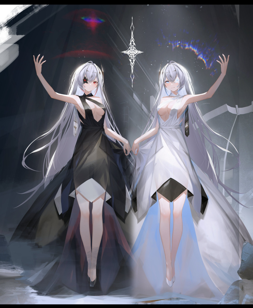 absurdres azur_lane black_dress dress dual_persona emden_(azur_lane) emden_(white_black_partita)_(azur_lane) eyepatch flower flower_in_eye highres ka11_ca lock long_hair padlocked_collar red_flower red_rose rose symbol_in_eye very_long_hair white_dress white_flower white_rose