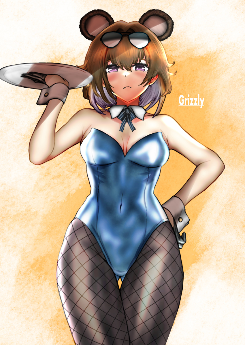 1girl absurdres animal_ears ass_visible_through_thighs bear_ears blue_leotard blush breasts brown_hair character_name covered_navel detached_collar eyewear_on_head fishnets frown girls_frontline gloves grizzly_mkv_(girls'_frontline) hair_between_eyes half_gloves hand_on_hip highres leotard looking_at_viewer medium_breasts medium_hair meimushi pantyhose playboy_bunny solo thigh_gap tray violet_eyes wrist_cuffs