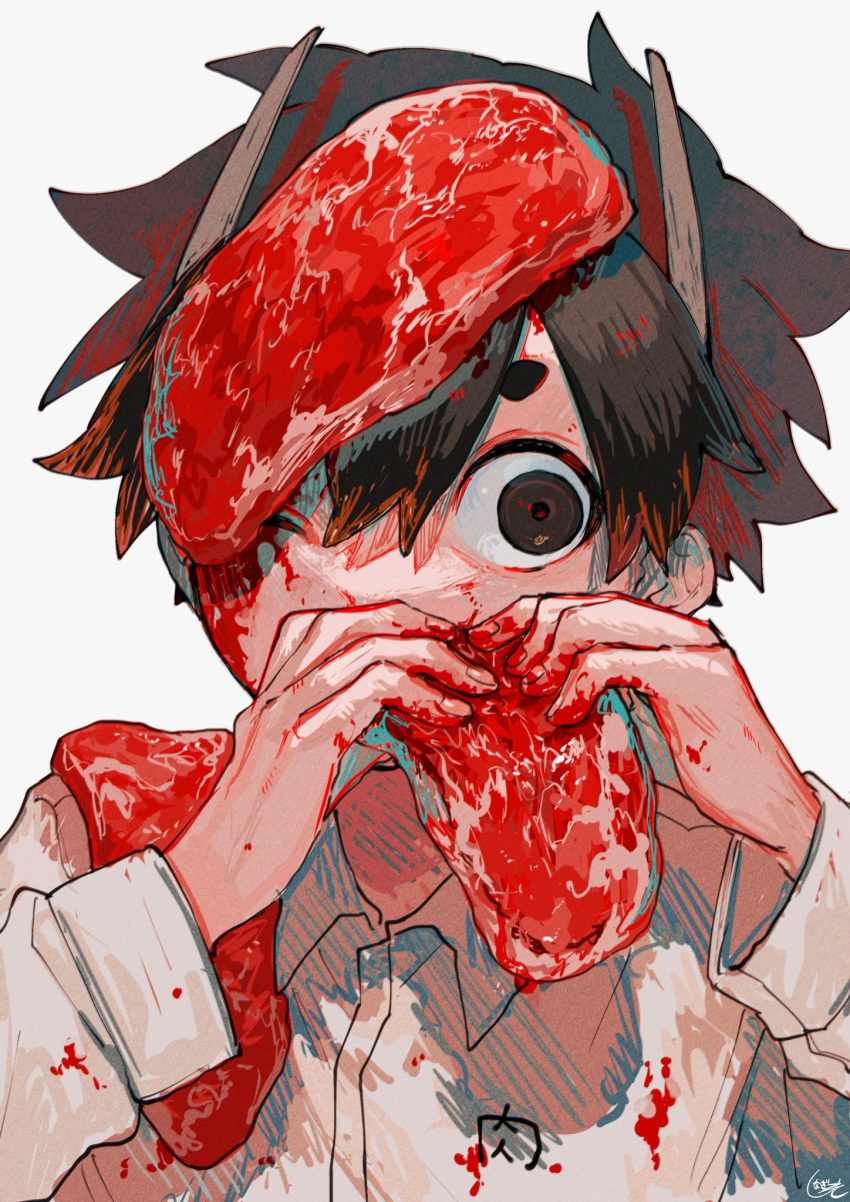 1boy blood blood_in_hair blood_on_clothes blood_on_face blood_on_hands brown_eyes brown_hair collared_shirt eating food food_on_body food_on_head food_on_shoulders hair_between_eyes highres holding holding_food horns long_sleeves looking_to_the_side male_focus meat object_on_head one_eye_closed original shinagire_(sinanohaka) shirt short_eyebrows short_hair signature solo upper_body white_background white_shirt