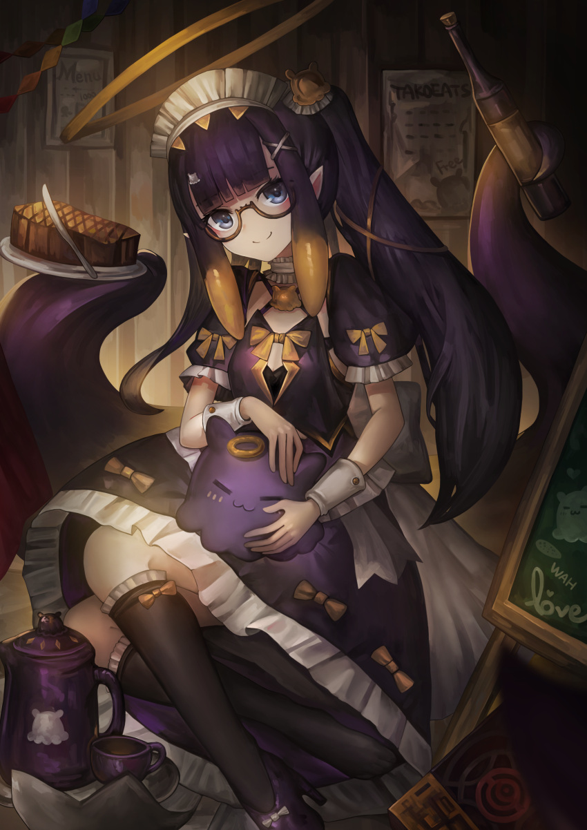 1girl absurdres bangs blue_eyes blunt_bangs dress glasses halo highres holding hololive hololive_english long_hair looking_at_viewer maid mole mole_under_eye multicolored_hair ninomae_ina'nis orange_hair pointy_ears purple_hair smile solo tentacle_hair virtual_youtuber ziteng_yue