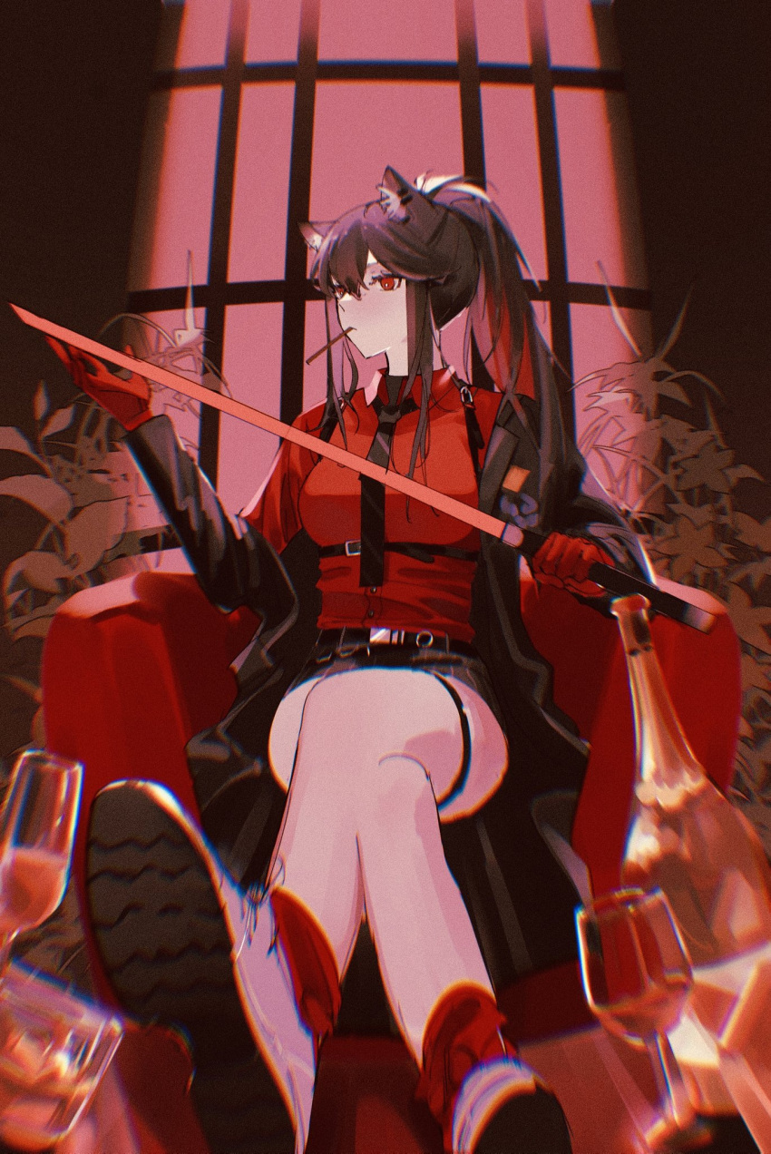 1girl animal_ear_fluff animal_ears arknights armchair bare_legs black_coat black_footwear black_hair black_necktie black_shorts bottle breasts chair closed_mouth coat collared_shirt crossed_legs cup drinking_glass feet_on_table fisheye gloves highres holding holding_sword holding_weapon long_hair medium_breasts mmhgh_(mmhgh18) mouth_hold necktie off_shoulder official_alternate_costume open_clothes open_coat plant ponytail red_eyes red_gloves red_legwear red_shirt red_theme shirt shoe_soles shoes short_shorts shorts sidelocks sitting socks solo sword texas_(arknights) texas_(willpower)_(arknights) thigh_strap underbust weapon wide_sleeves wolf_ears