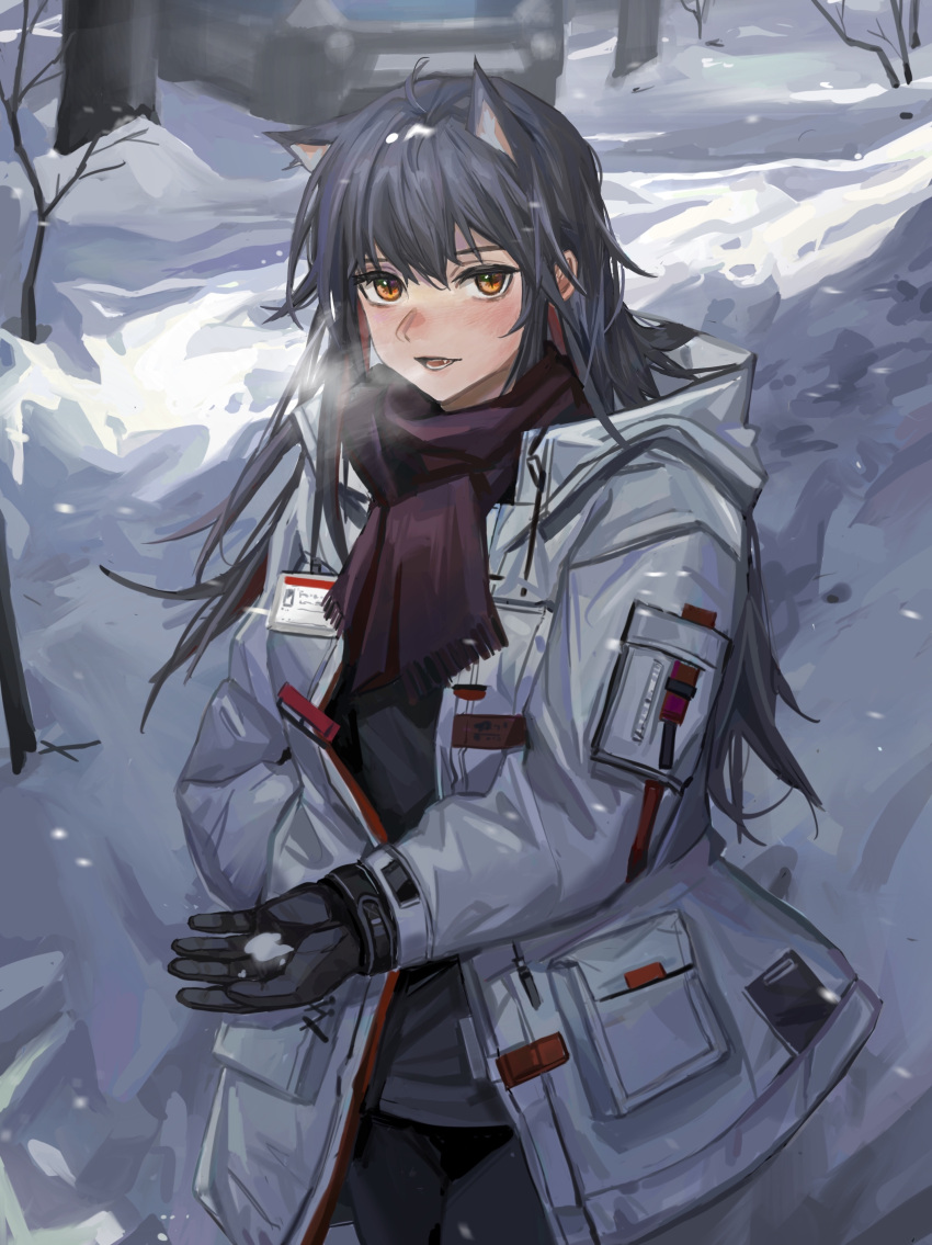 1girl absurdres animal_ears arknights bare_tree black_gloves black_hair black_pants black_shirt black_shorts blush breath coat cowboy_shot extra_ears gloves hair_between_eyes highres looking_at_viewer official_alternate_costume outdoors pants red_scarf scarf shirt shorts shuimo snow snowing solo texas_(arknights) texas_(winter_messenger)_(arknights) tree white_coat winter winter_clothes winter_coat wolf_ears yellow_eyes