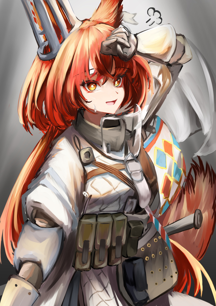 1girl :d absurdres animal_ears arknights armor breastplate brown_bag ear_covers ear_tag eyebrows_visible_through_hair flametail_(arknights) gauntlets gloves grey_background grey_gloves hand_up highres hot kurosabi_neko long_hair open_mouth pouch redhead sheath sheathed simple_background smile solo squirrel_ears squirrel_girl squirrel_tail sweat tail upper_body yellow_eyes