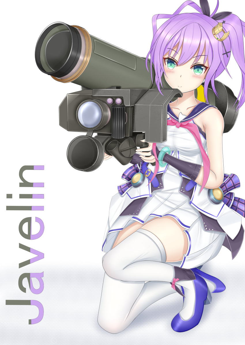 1girl absurdres aqua_eyes azur_lane blouse bracelet camisole character_name cross_hair_ornament crown dress fgm-148_javelin genius_1237to gloves green_eyes hair_ornament high_ponytail highres holding_rocket_launcher javelin_(azur_lane) jewelry medium_hair namesake ponytail purple_hair purple_ribbon retrofit_(azur_lane) ribbon rocket_launcher sailor_collar shirt simple_background single_glove solo strappy_heels thigh-highs weapon white_background white_camisole white_dress white_legwear wide_ponytail